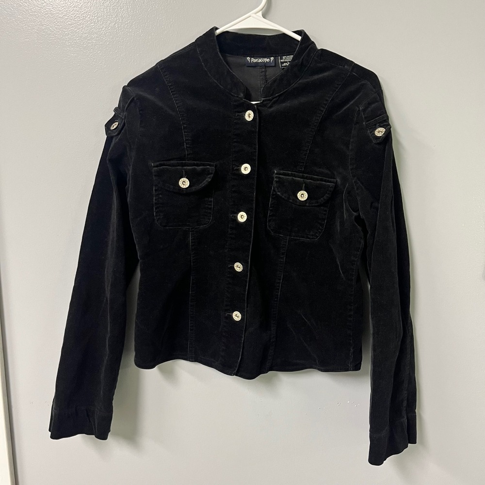 Periscope Womens Black Corduroy Military Jacket Mandarin Collar Button Up Large‎
